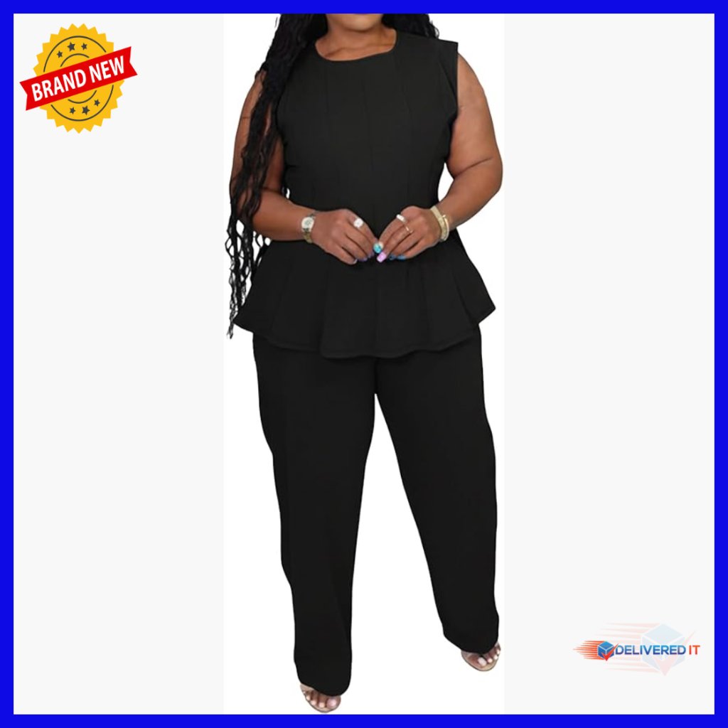 Plus Size Peplum Tank Wide Leg Pant Suit Set Lightweight Polyester Blend